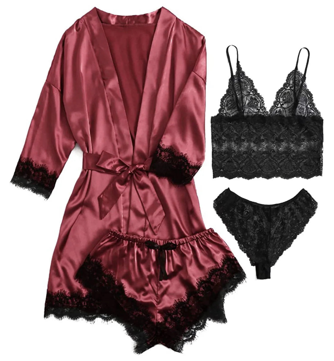 Pajama Fashion 4-piece Set Lace Satin Strap Sexy, Comfortable LADYLYS