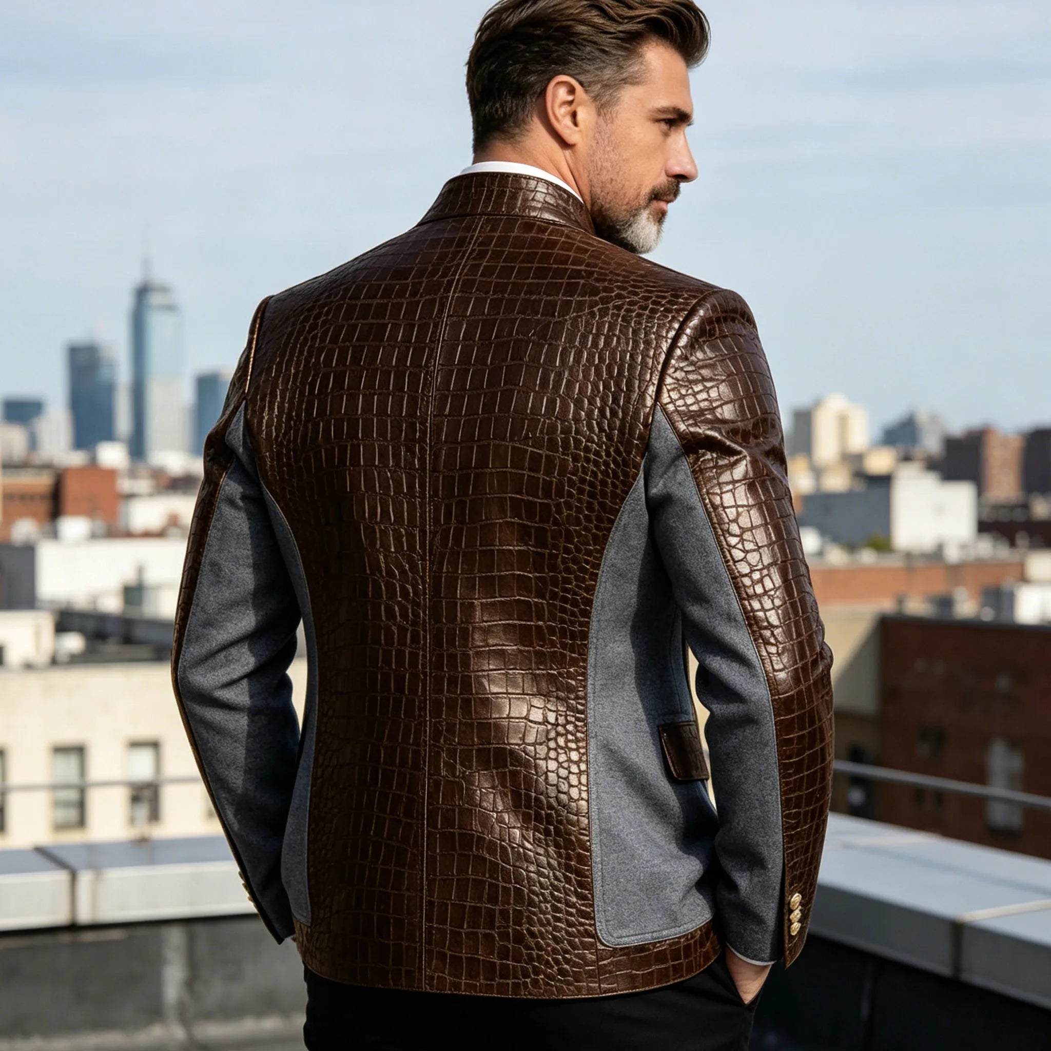 Men's Crocodile Embossed Leather Brown Jacket Patchwork Denim Luxury PU LADYLYS