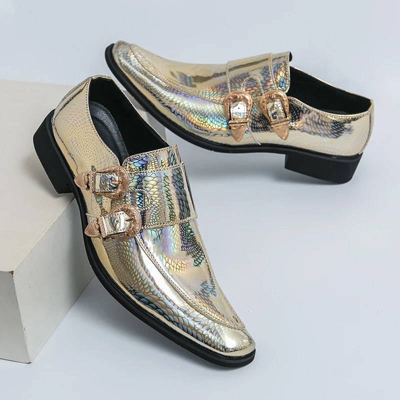 Luxury Men's Glossy Leather Loafers – High-End Green Banquet, Pointed Toe Chelsea