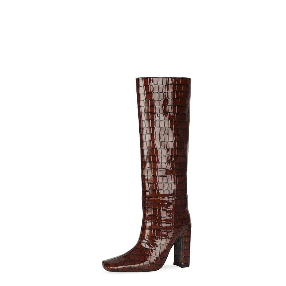 Women's Patent Leather Knee-High Boots – Thick Square Heel Slip-On Winter Boots in 21 Colours