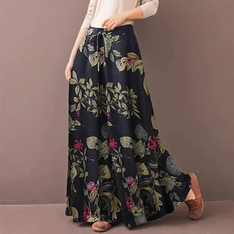 Women's Floral Print Wide Leg Pants — Drawstring Elastic Waist Bohemian Trousers | Plus Size