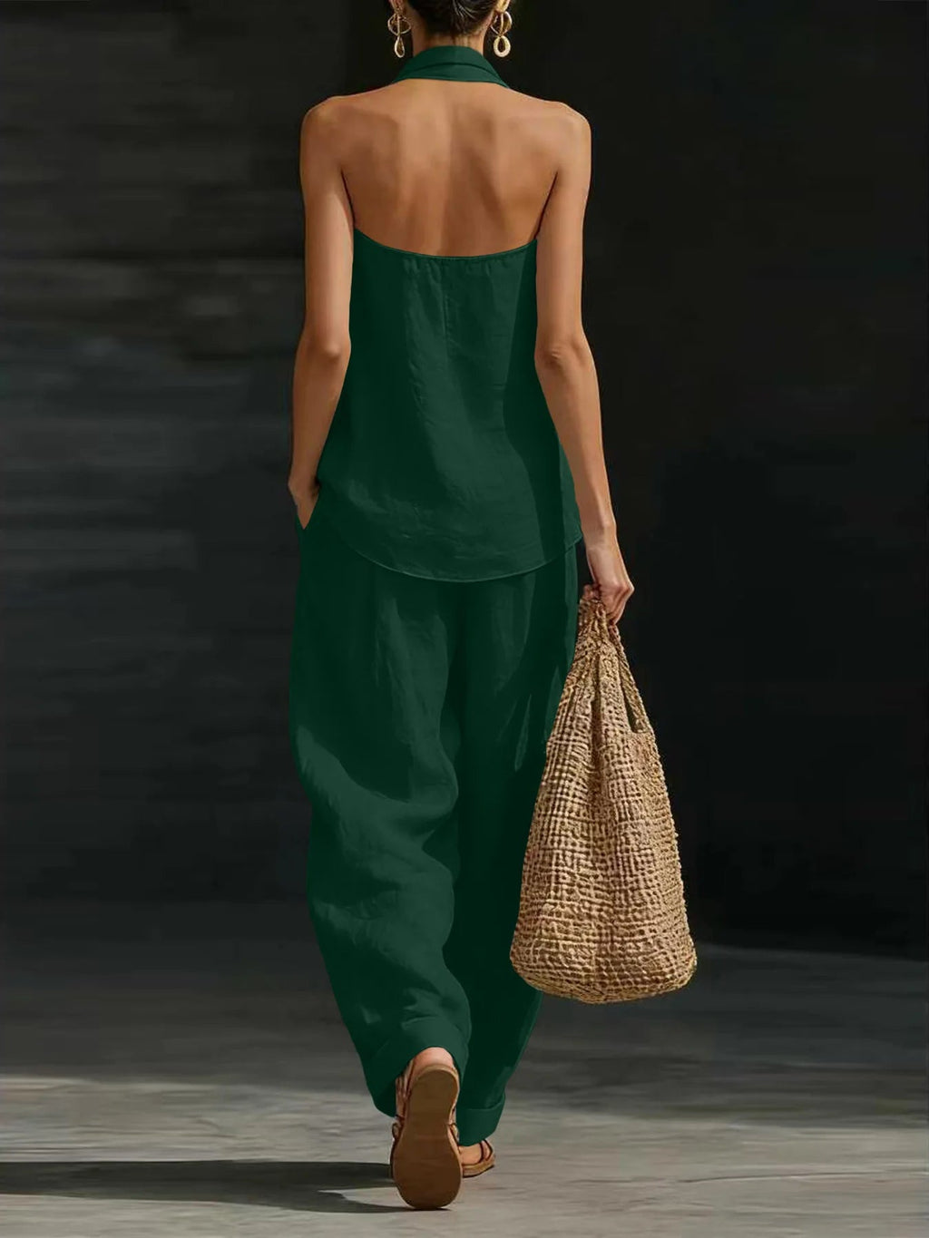 Women Linen 2 Piece Outfit Halter V Neck Sleeveless Tank Top Wide Leg Pants LADYLYS
