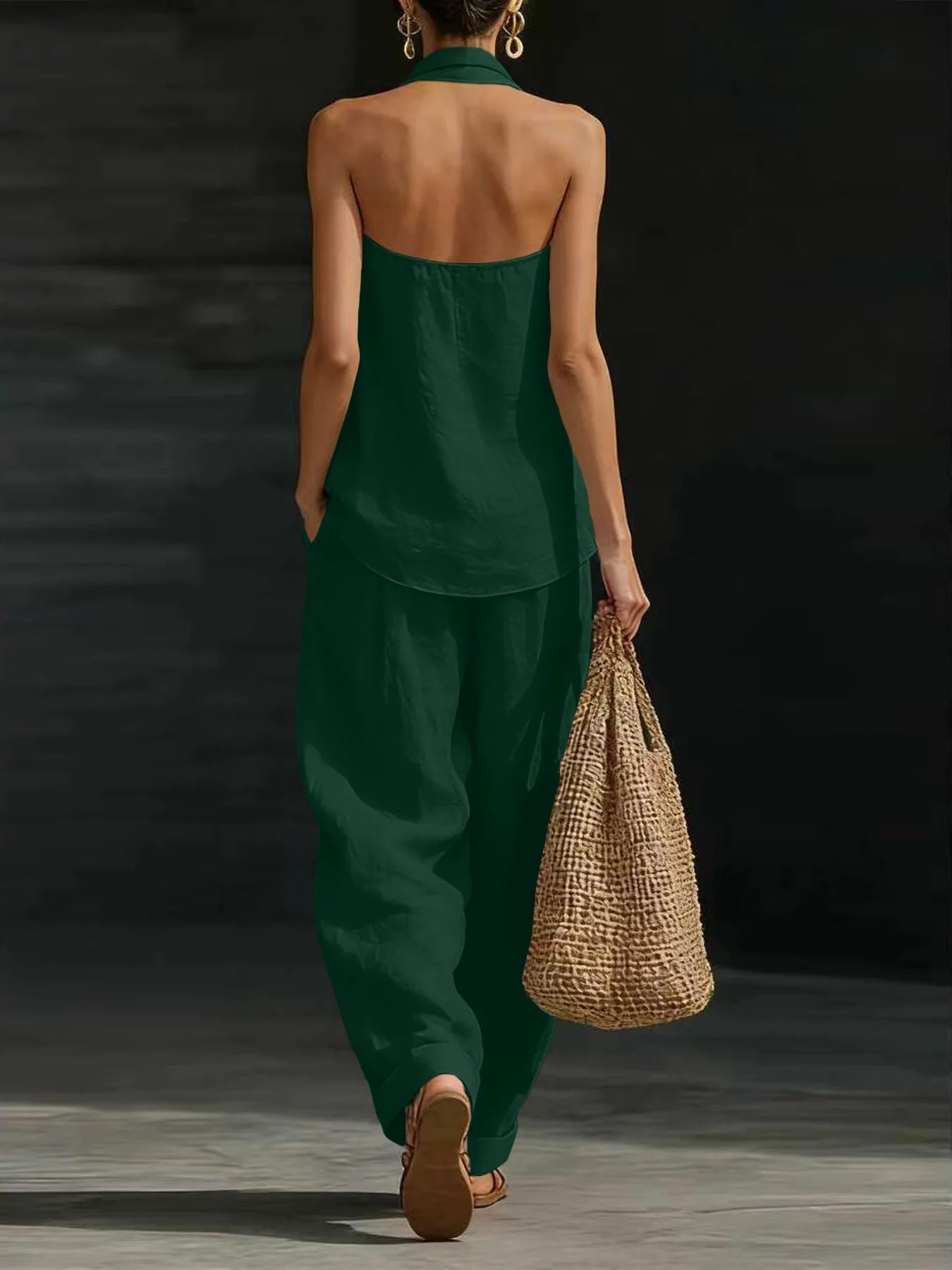 Women Linen 2 Piece Outfit Halter V Neck Sleeveless Tank Top Wide Leg Pants LADYLYS