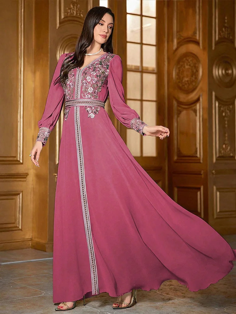 Eid femmes robe Abaya Caftan musulman col en V broderie robe de soirée Matutina-Chic