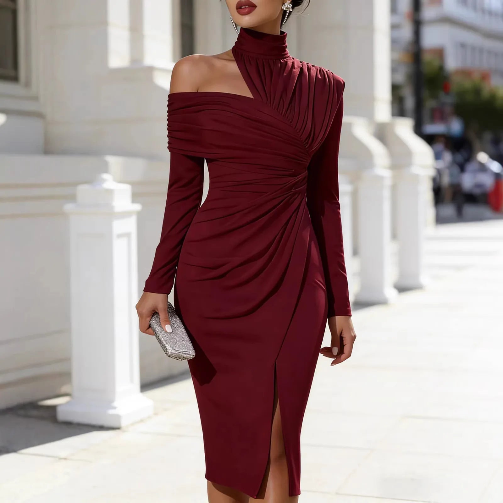 Off-Shoulder Slit Midi Dress – Elegant Long-Sleeve Solid Color Women's Dress