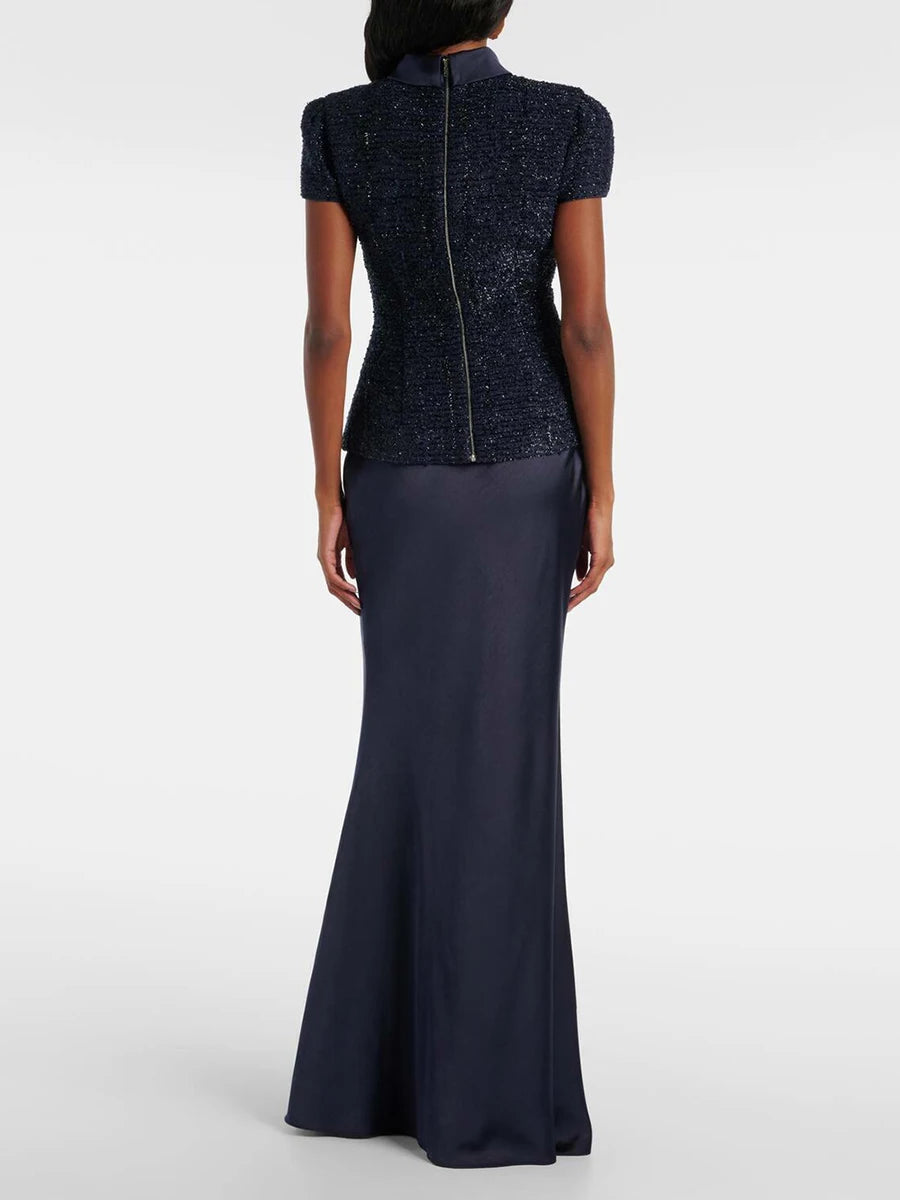 Sets Stand Collar Short Sleeves Spliced Pocket Tweed Top High Waist Maxi Skirts Vintage Suit LADYLYS