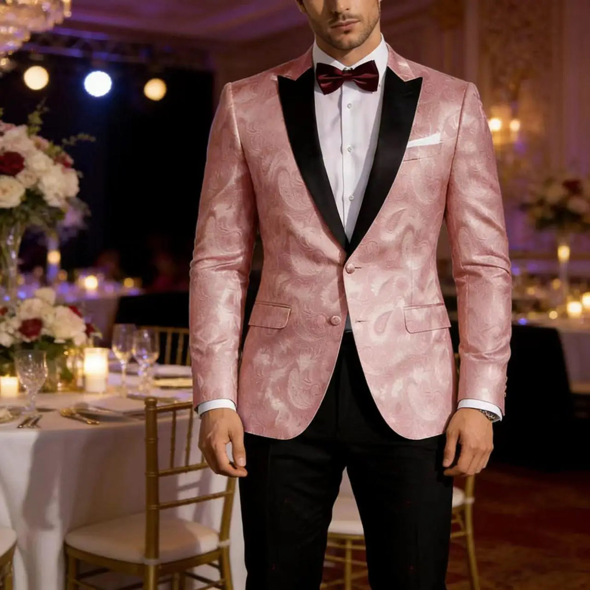 Men’s Pink Paisley Tuxedo Blazer with Black Satin Lapel