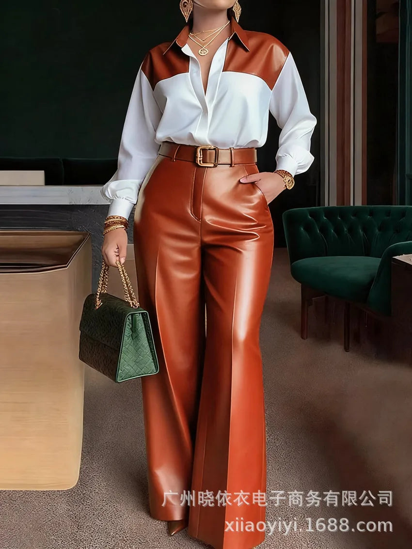 Women's 2-Piece Set: Long Sleeve Shirt and Wide-Leg Faux Leather Trousers