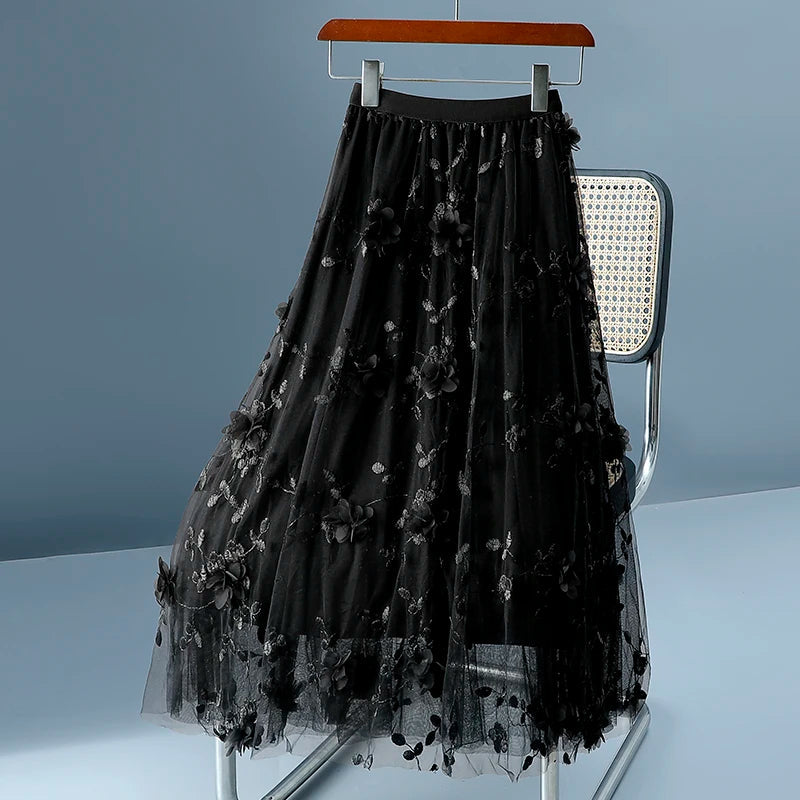 High Waist Slim Long Skirt High Quality Embroidery Sweet 3D Flowers Mesh Tulle LADYLYS