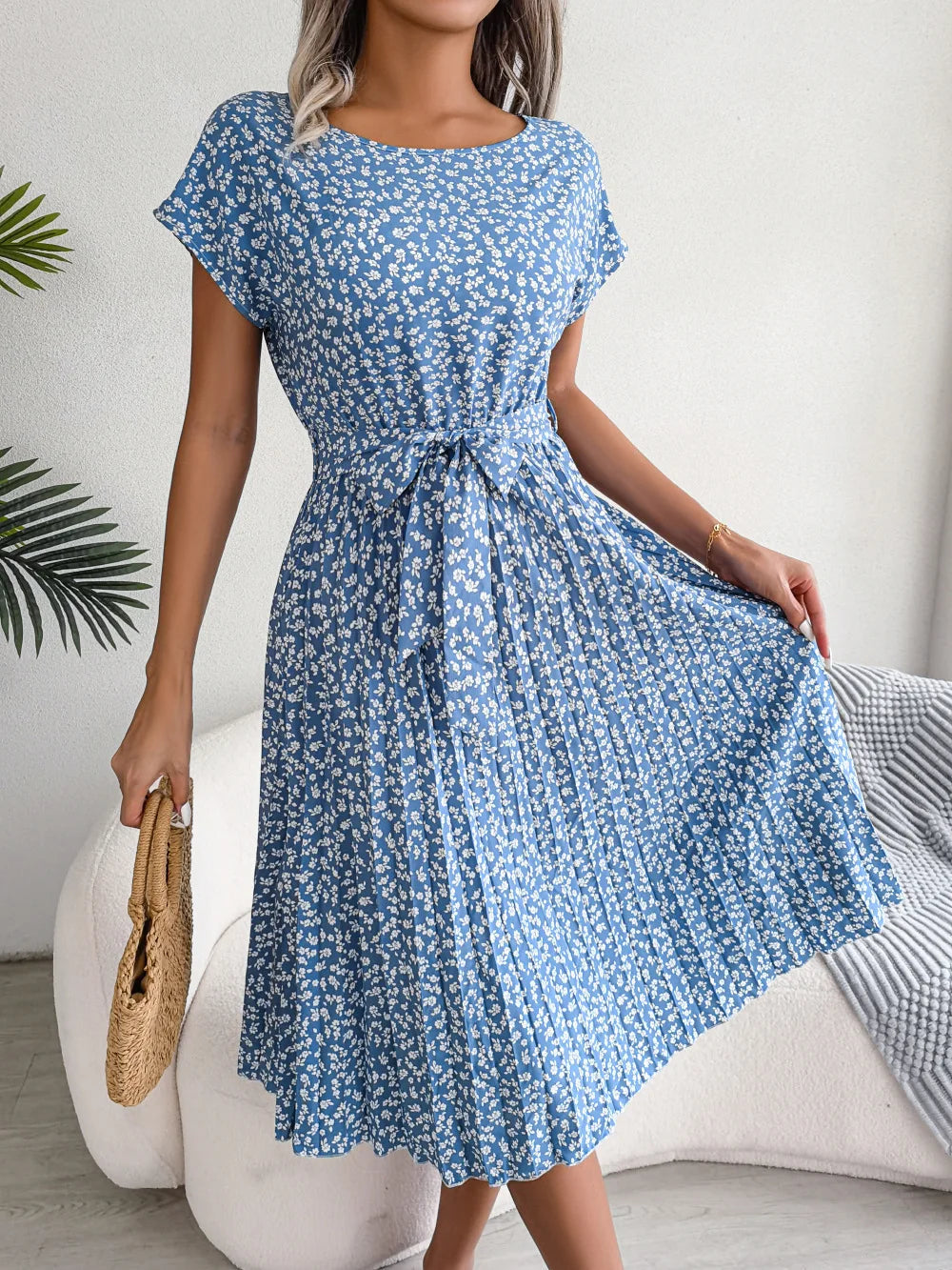 Summer Short Sleeve High Waist Chic Dress Fashion Floral Pleated A Line Long Dress LADYLYS