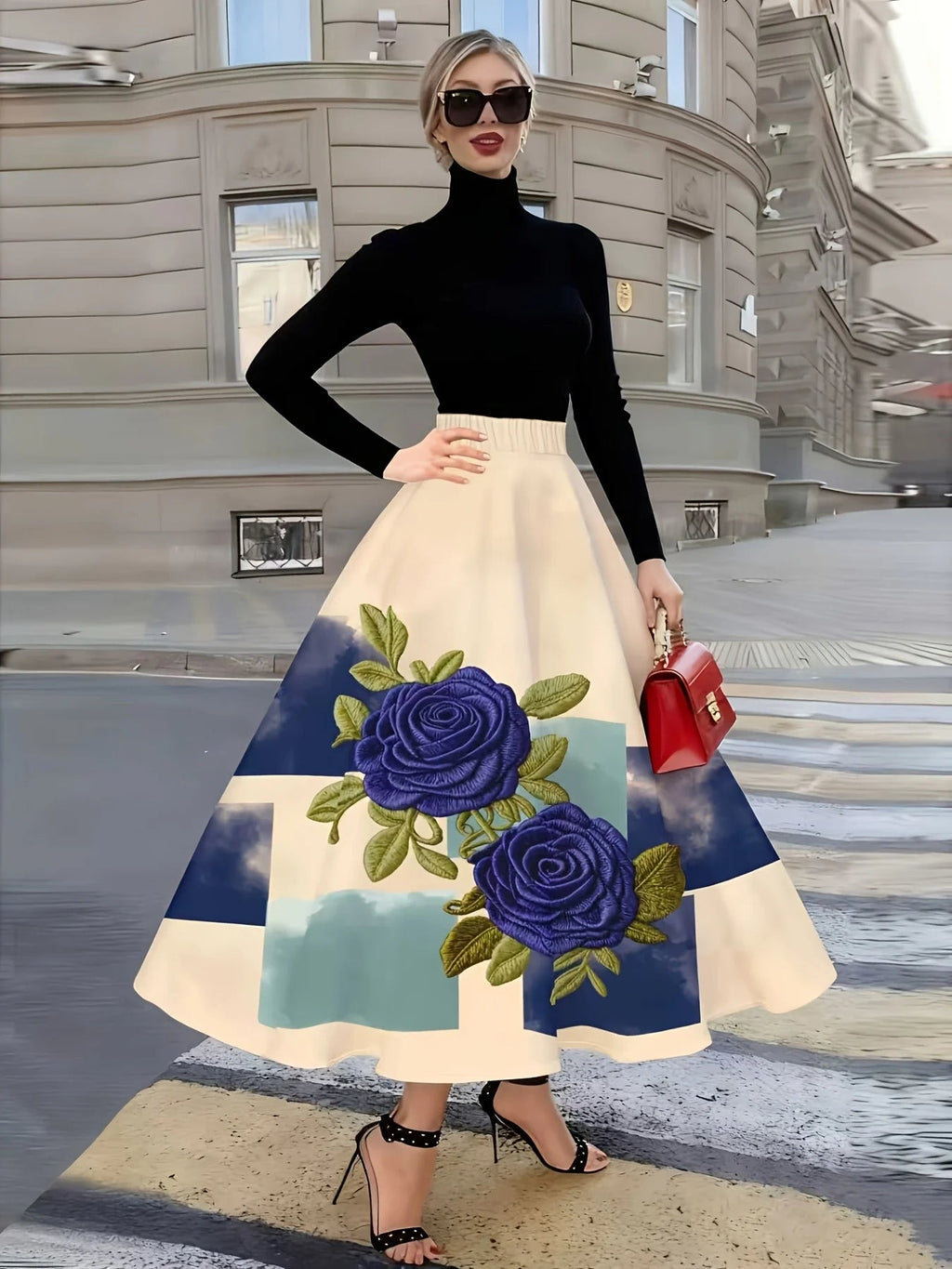 Elegant Women Midi Skirt with Rose Embroidery and Floral Print LADYLYS