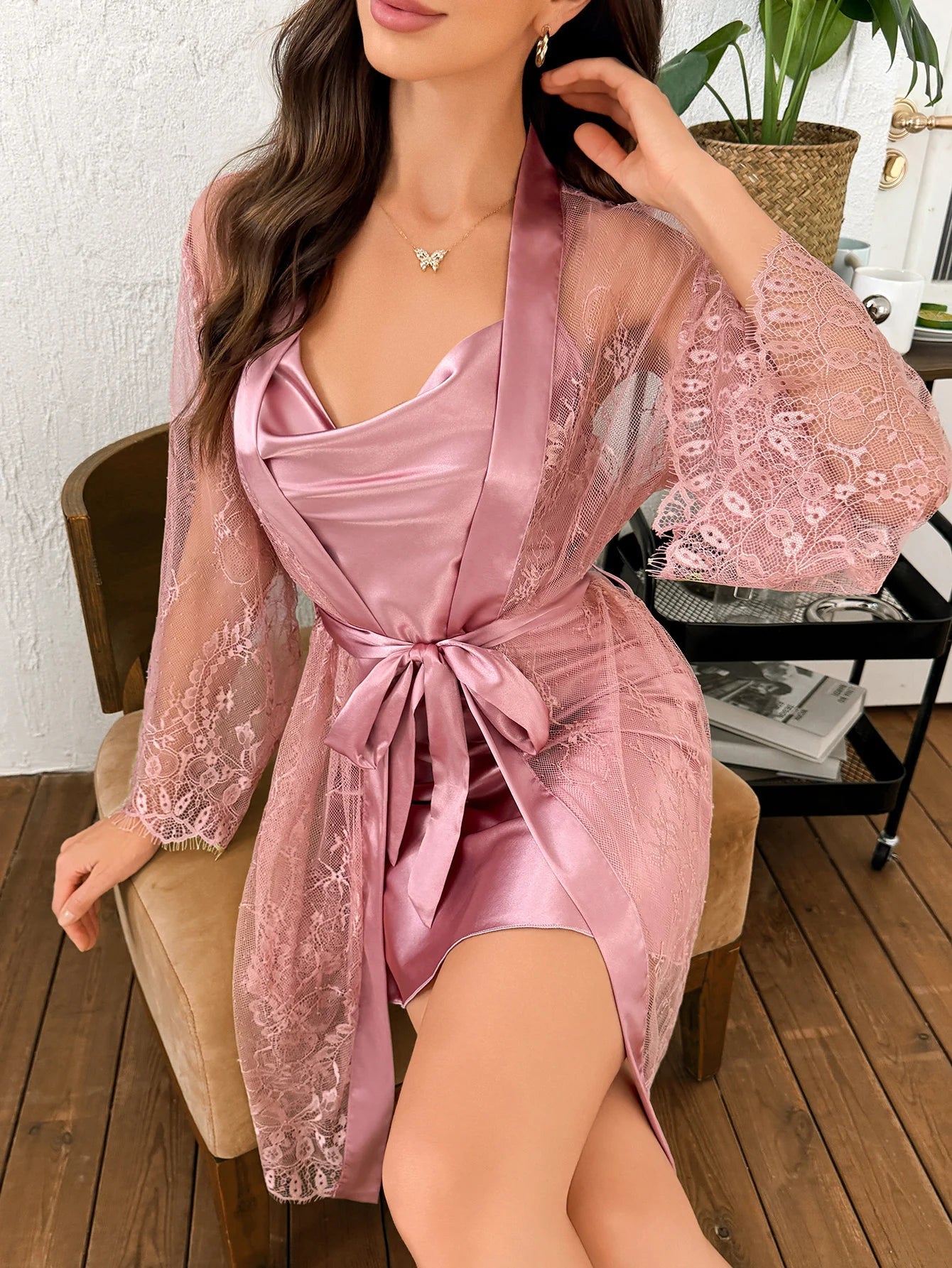 Polyester Nightgown Lace See Through Robe For Women 2pcs Set LADYLYS