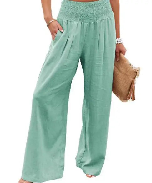 Women's High-Waist Wide Leg Pants — Drawstring Elastic Waist | Casual Beach Trousers | Plus Size
