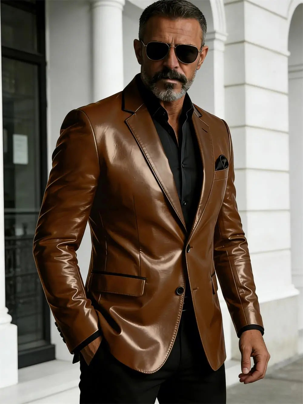 Men's Slim-Fit Two-Button Blazer with Leather Finish