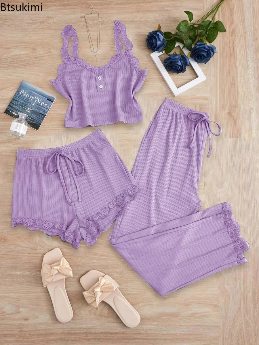 3PCS Pajama Sets Solid Vest Shorts and Pants Paired with Lace Splicing LADYLYS