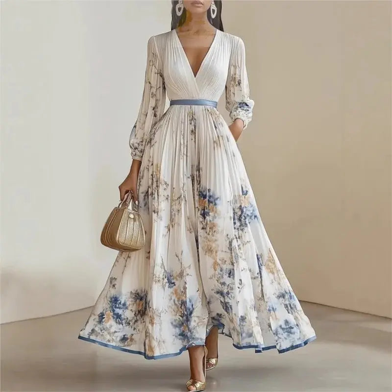 Pleated Dress New Spring Autumn Florat Printed Deep V-neck Long-sleeved Fashion Maxi Elegant LADYLYS