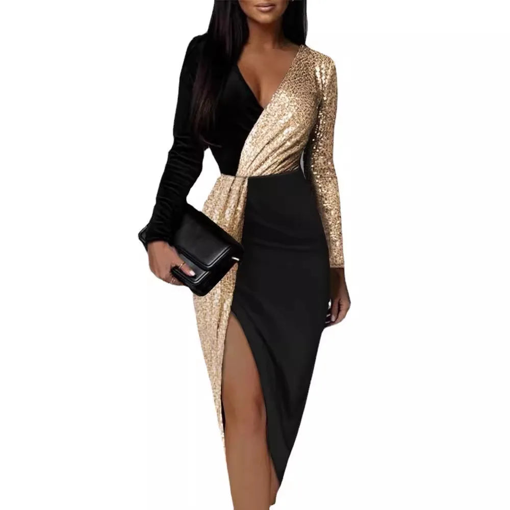 Temperament and ankle two-color black and gold ethnic style high waist solid color temperament dress long sleeve waist dress LADYLYS