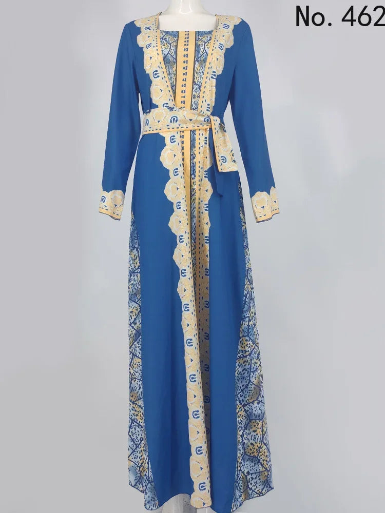 Ensemble 2 pièces pour femme musulmane, caftan marocain personnalisé, robe + abaya imprimée avec ceinture Matutina-Chic