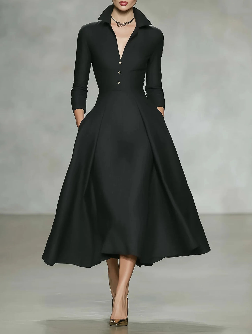 Women's Elegant V-Neck Long Sleeve Shirt Dress with Cinched Waist and Flared Skirt