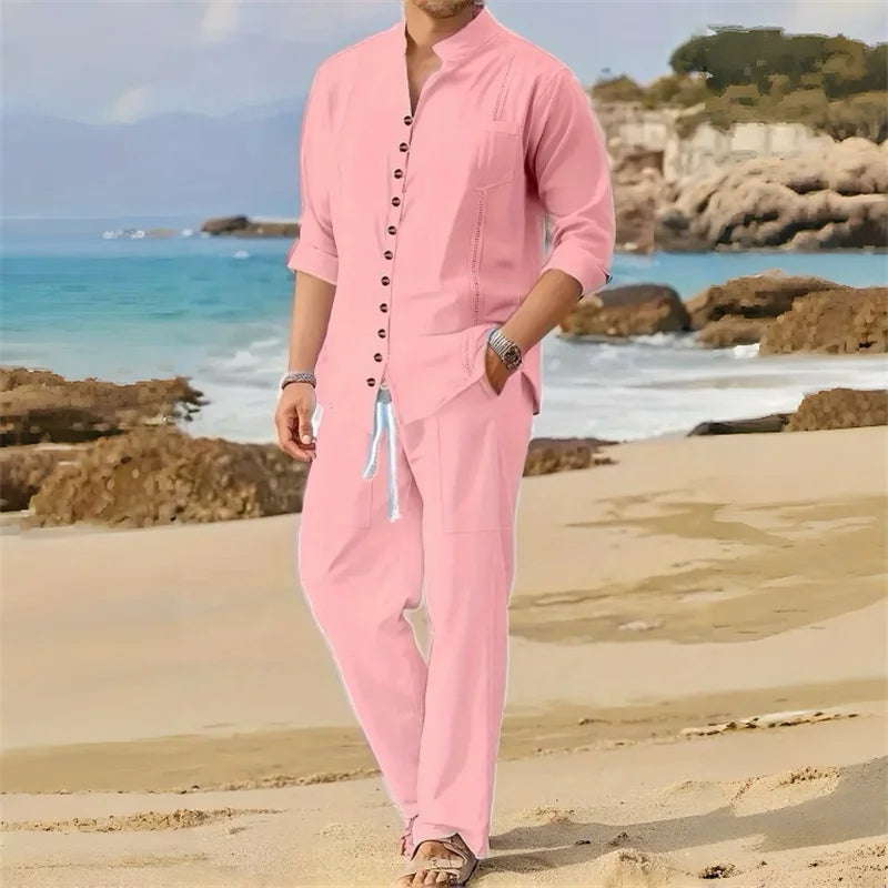 Men's Fashionable Cotton Linen Shirt Set, Stand Collar, Long Sleeves, Two-Piece Set LADYLYS