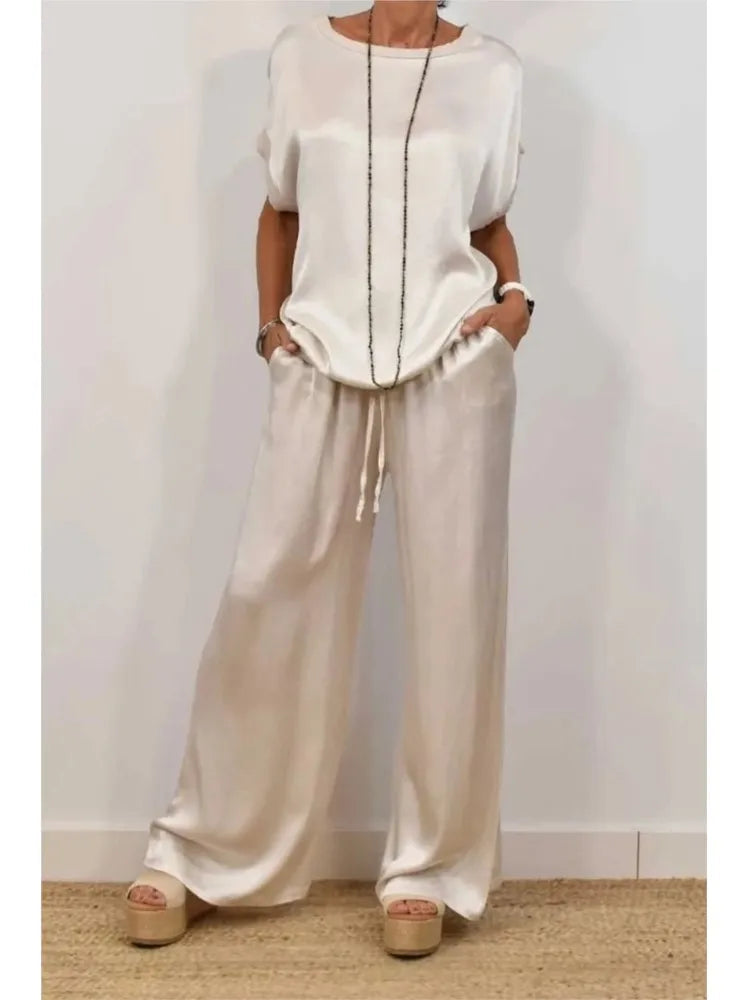 2-piece Set Fashion Satin O Neck T-shirt Top Trousers Summer Retro Elegant LADYLYS