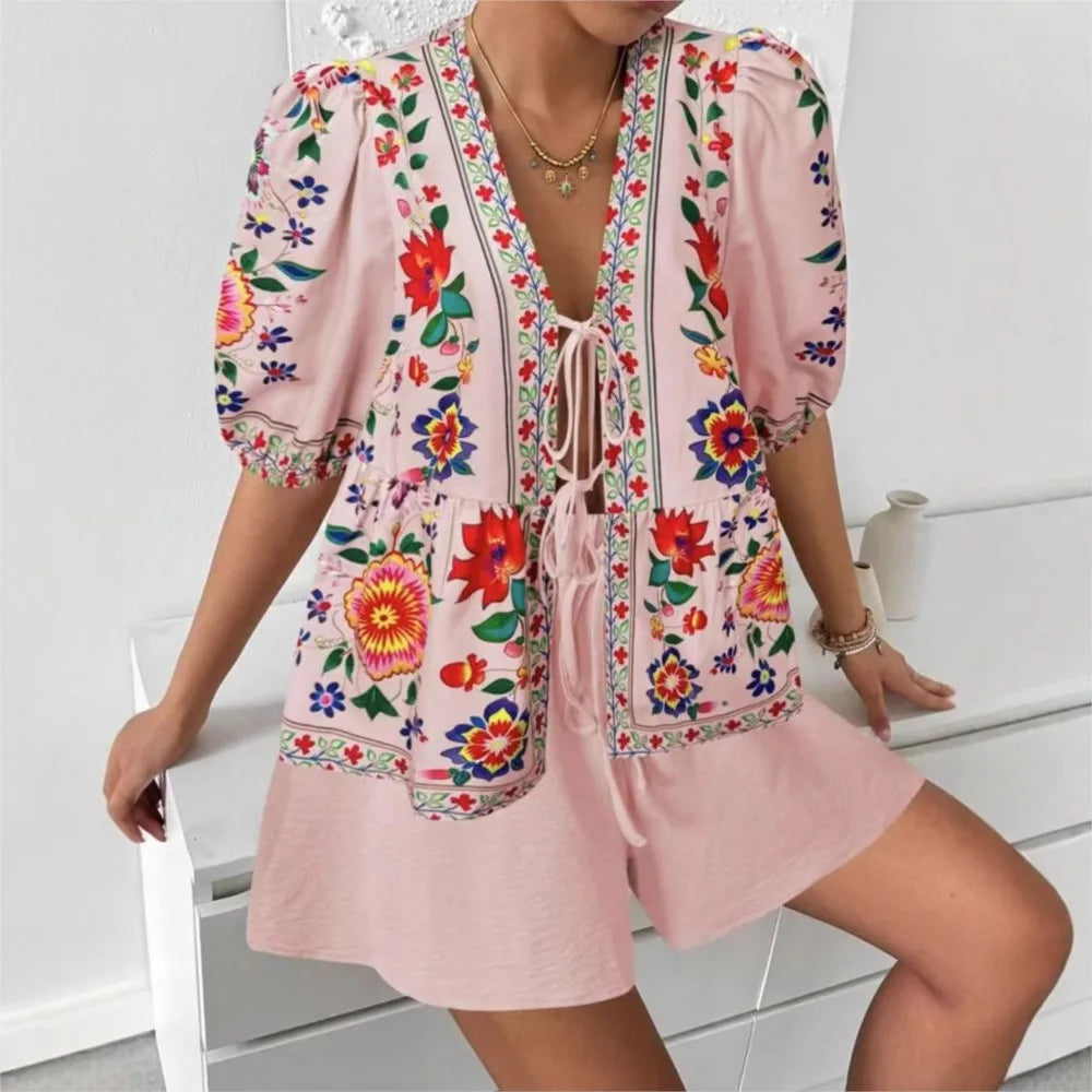 Printed Cardigan Short-sleeved Top Shorts 2-piece Set LADYLYS