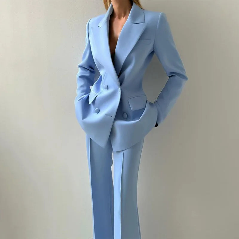 New Light Blue Emerald Violet Color Options Strapless Top Flare Pants Blazer Suit Temperament Commute Three Piece Women Outfit LADYLYS