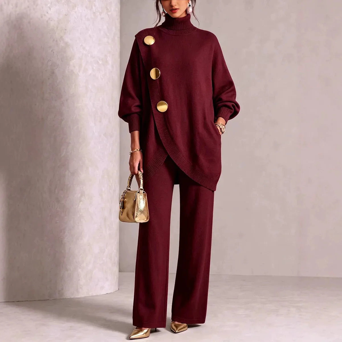 Women's Knit 2-Piece Set: Turtleneck Sweater and Wide-Leg Trousers