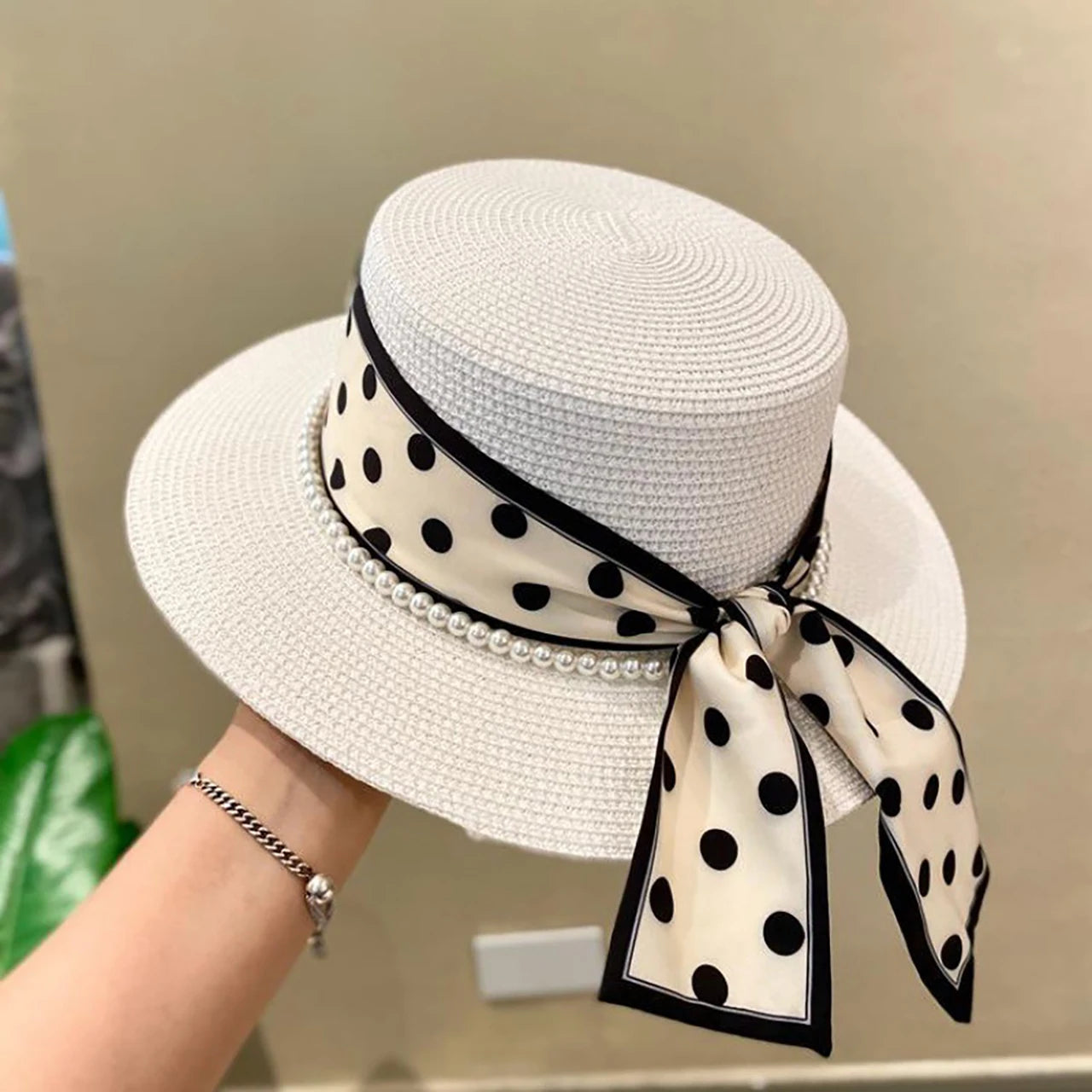 Women’s Wide Brim Straw Sun Hat – Pearl & Dot Ribbon Elegant Beach Cap