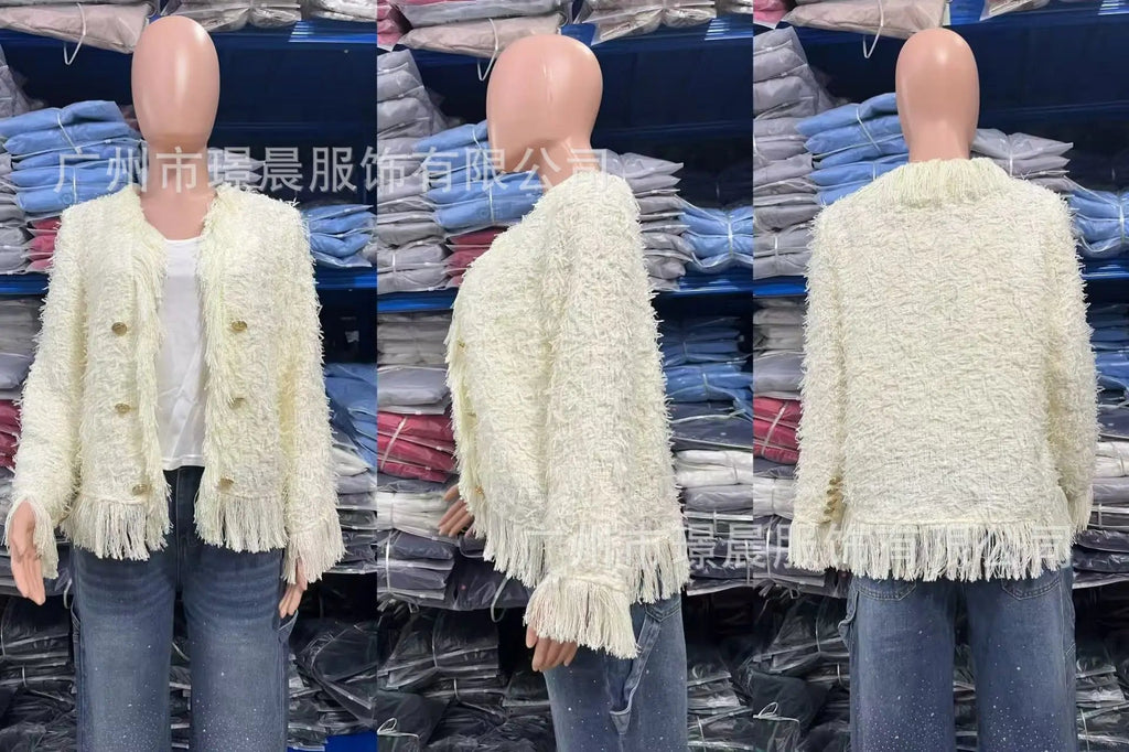 Solid Coats Fringe Short Jacket Tassel Long Sleeves V Neck Single Breasted LADYLYS