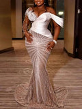 Luxurious Aso Ebi Mermaid Lace Pearl Ball Dress Sexy Transparent V-neck Long Formal LADYLYS