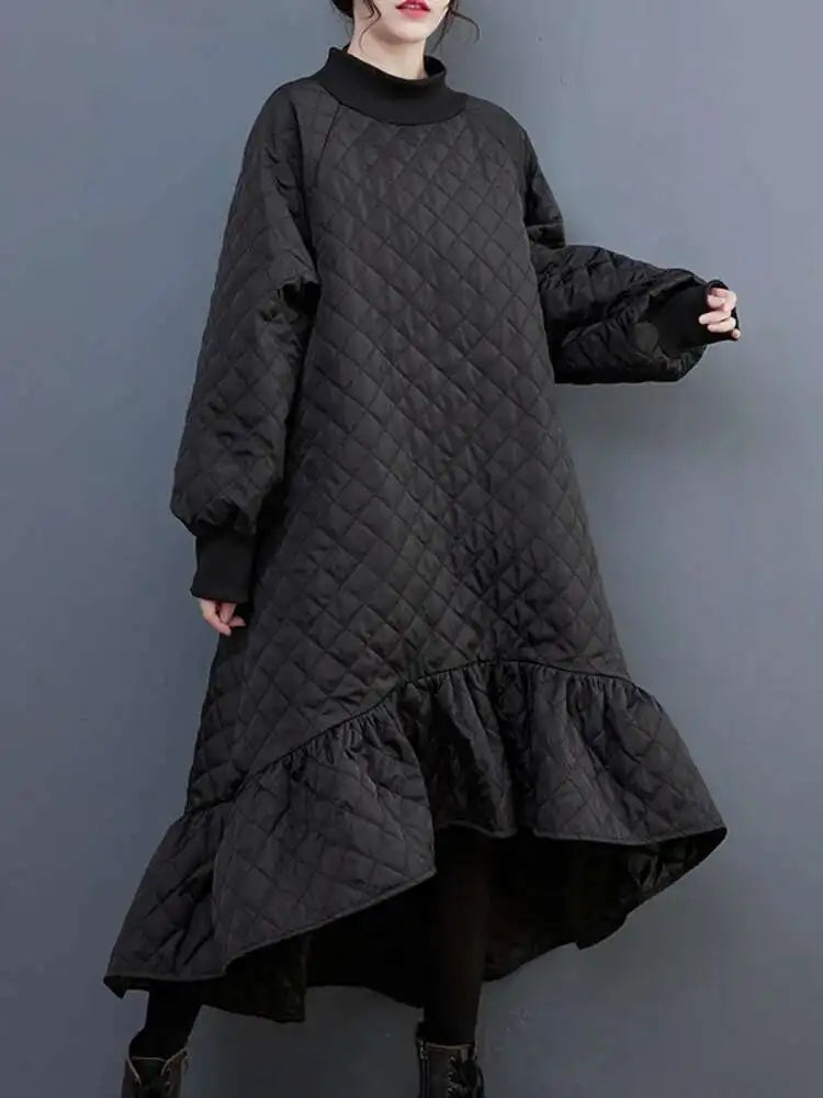 Women's Black Long Sleeve Fishtail Midi Dress with Round Neck