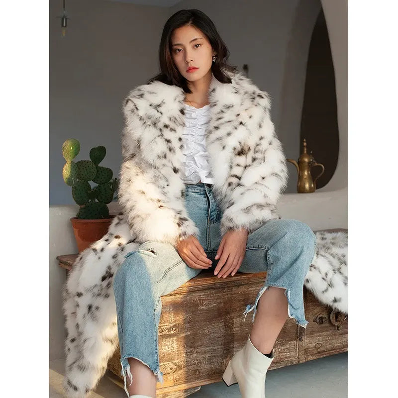 Women's Long Leopard-Print Fur-Look Winter Coat
