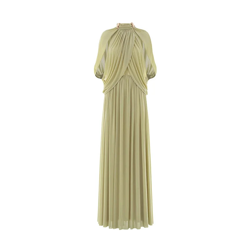 Chic Chiffon Pleated Maxi Dress Women Elegant Flutter Sleeve Turtleneck LADYLYS