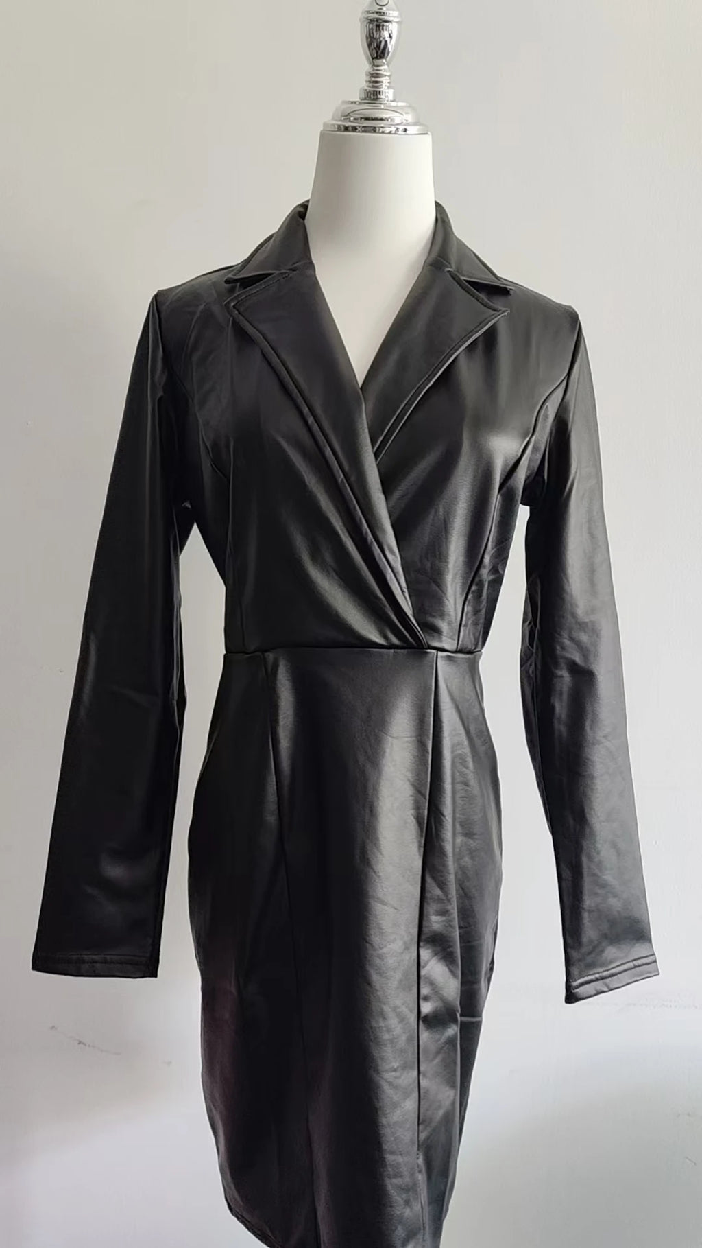 Women's Black PU Leather Mini Dress – Lapel Collar, Long Sleeve, Slim Fit A-Line
