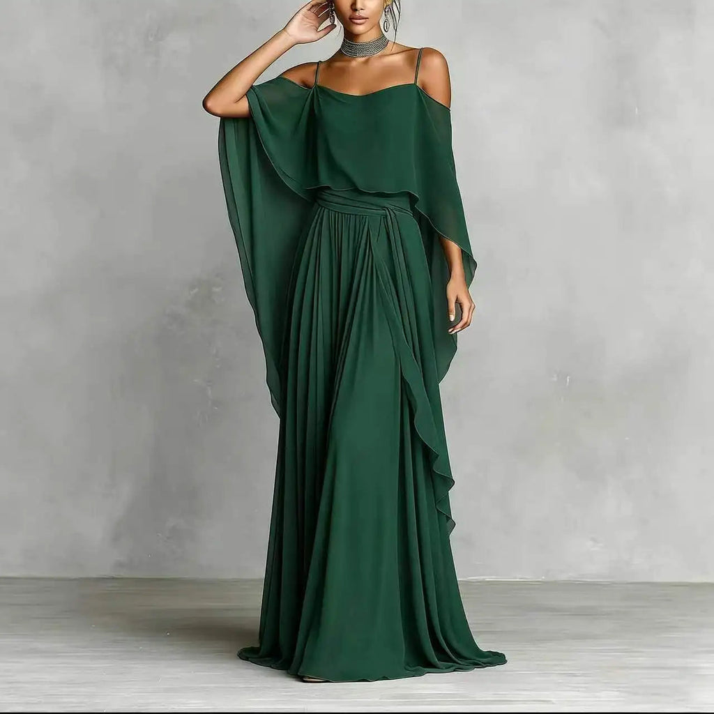 Summer Fashion Solid Chiffon Dress Elegant Off Shoulder Strap Bat Sleeve High Waist Long Dress Women Wedding Guest Outfits LADYLYS