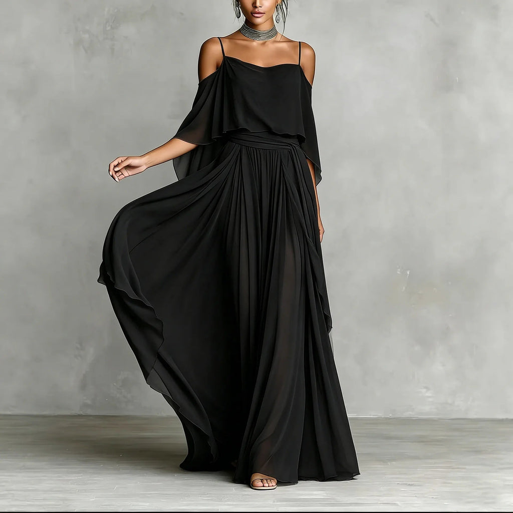 Summer Fashion Solid Chiffon Dress Elegant Off Shoulder Strap Bat Sleeve High Waist Long Dress Women Wedding Guest Outfits LADYLYS