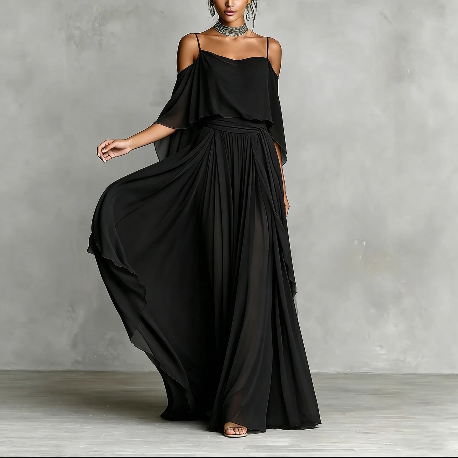Summer Fashion Solid Chiffon Dress Elegant Off Shoulder Strap Bat Sleeve High Waist Long Dress Women Wedding Guest Outfits LADYLYS