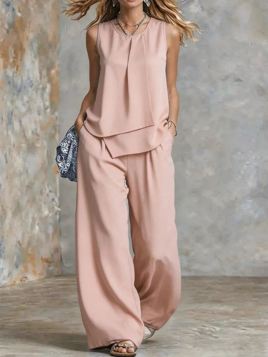 Women's Summer 2-Piece Outfit – Solid Sleeveless Top & Irregular Hem Skirt