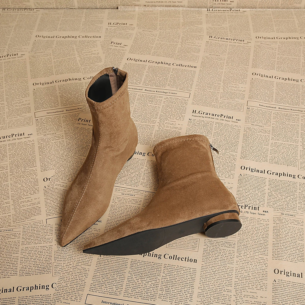 Women's Faux Suede Pointed Toe Mid-Calf Boots – Warm Flannel Lining, Low Heel