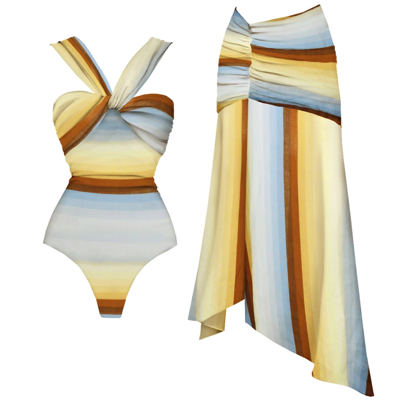 2Pcs Striped Swimsuit With Long Skirt Sexy Women Bikini Push Up Swimwear Halter LADYLYS