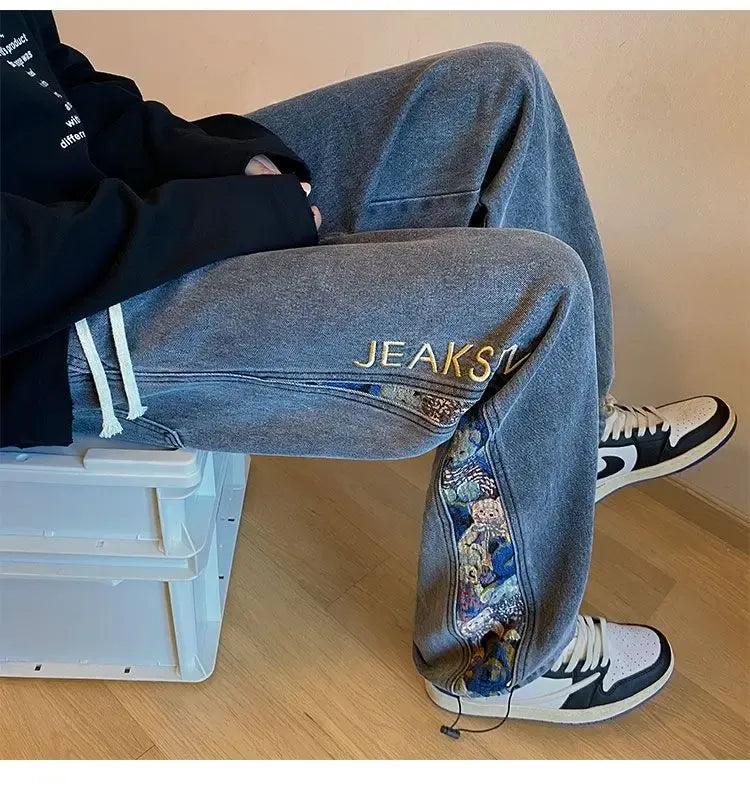 Men's High-Waisted Wide-Leg Drawstring Jeans