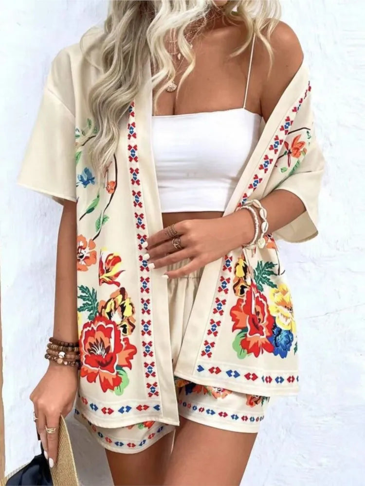 Casual Printed Cardigan Short-sleeved Top Shorts Two-piece Set LADYLYS