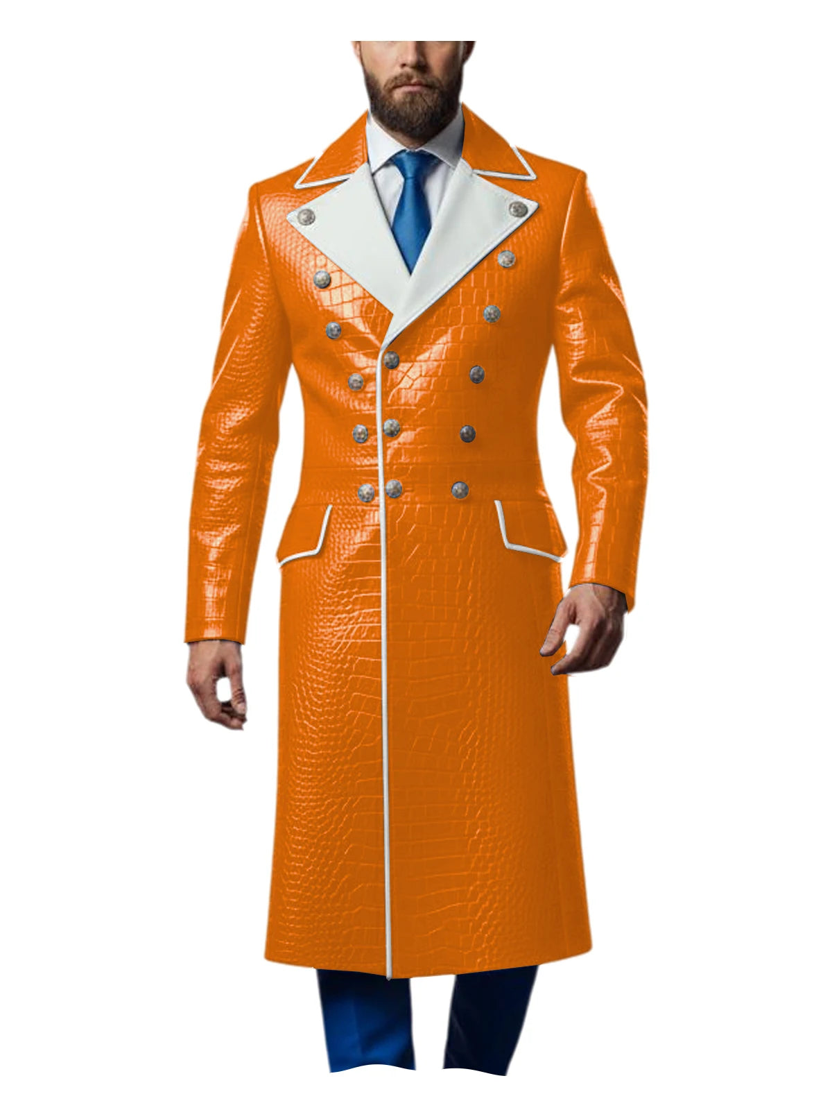 Men's Croc-Embossed Faux Leather Double-Breasted Overcoat with Contrast White Lapels