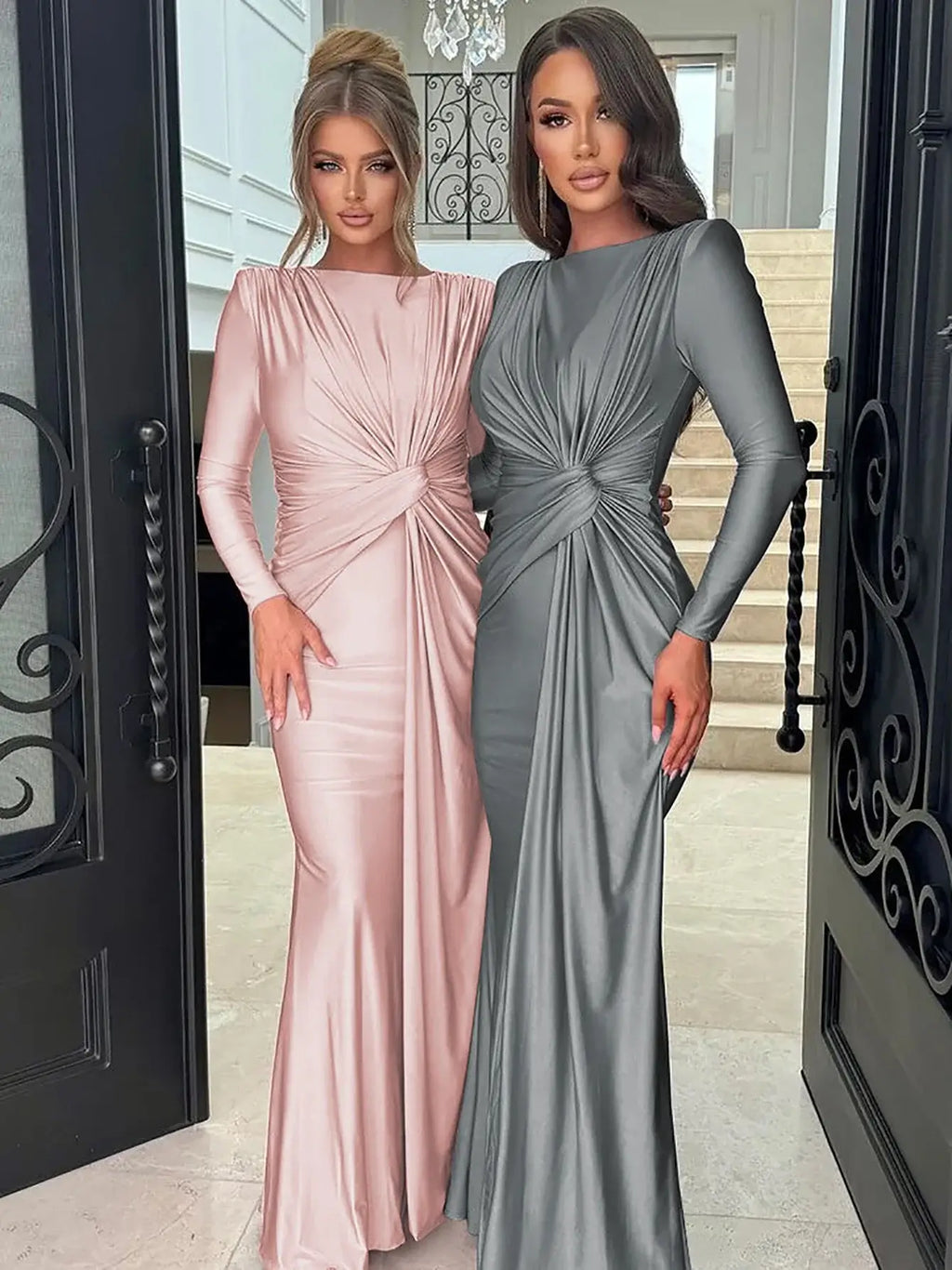 Ruched Bodycon Maxi Dress with Long Sleeves and Fishtail Hem