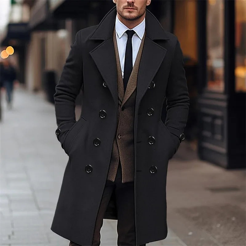 Men's Woolen Coats Business Casual Fashion Double Breasted Long Woolen Trench LADYLYS