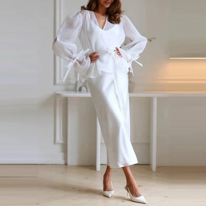 Solid Color Mesh Banquet Suit Ladies Temperament Office 2pc Setes Sexy V-neck Flared Sleeve Top + Dress Women's Outfits LADYLYS