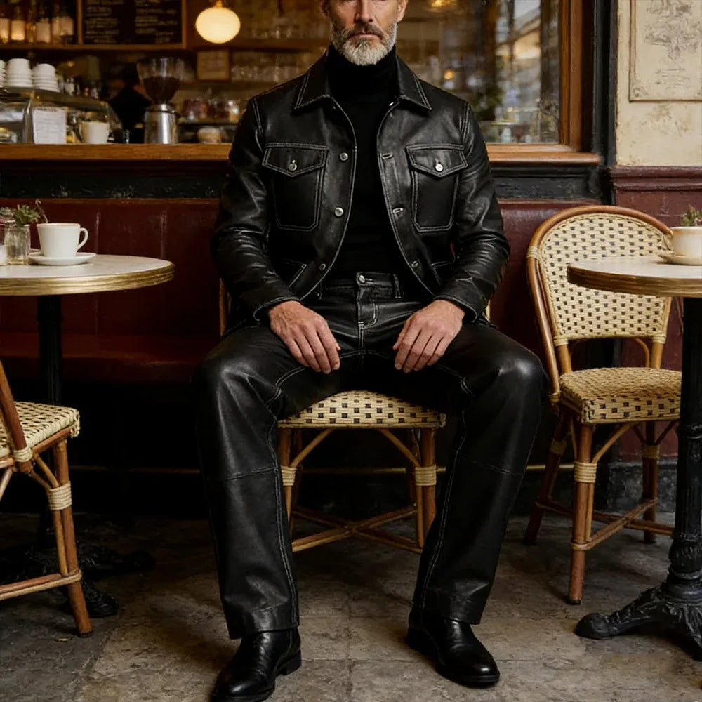 Men's Faux Leather Two-Piece Jacket & Trouser Set