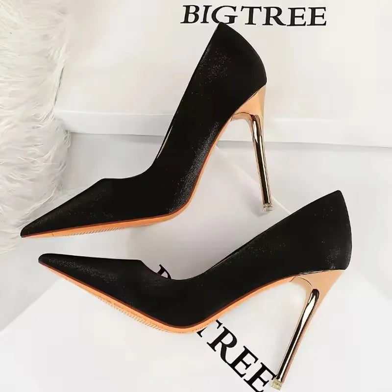 Women's Satin Stiletto Pumps – Pointed Toe Super High Heel Party Shoes with Bling Detail