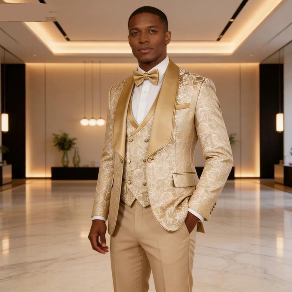 Men’s Champagne Jacquard Three-Piece Wedding Tuxedo